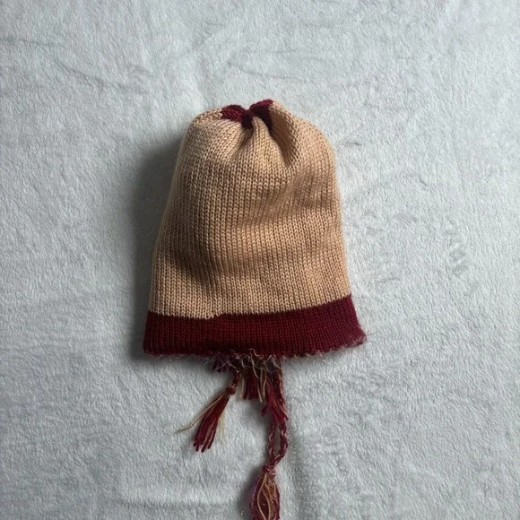 VTG Hand‎ Knitted Beanie Hat Red Pink Gold - Picture 3 of 3
